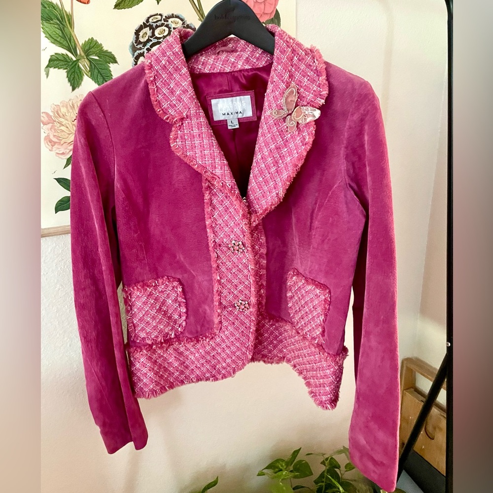 Pink women’s genuine leather blazer with butterfly accent